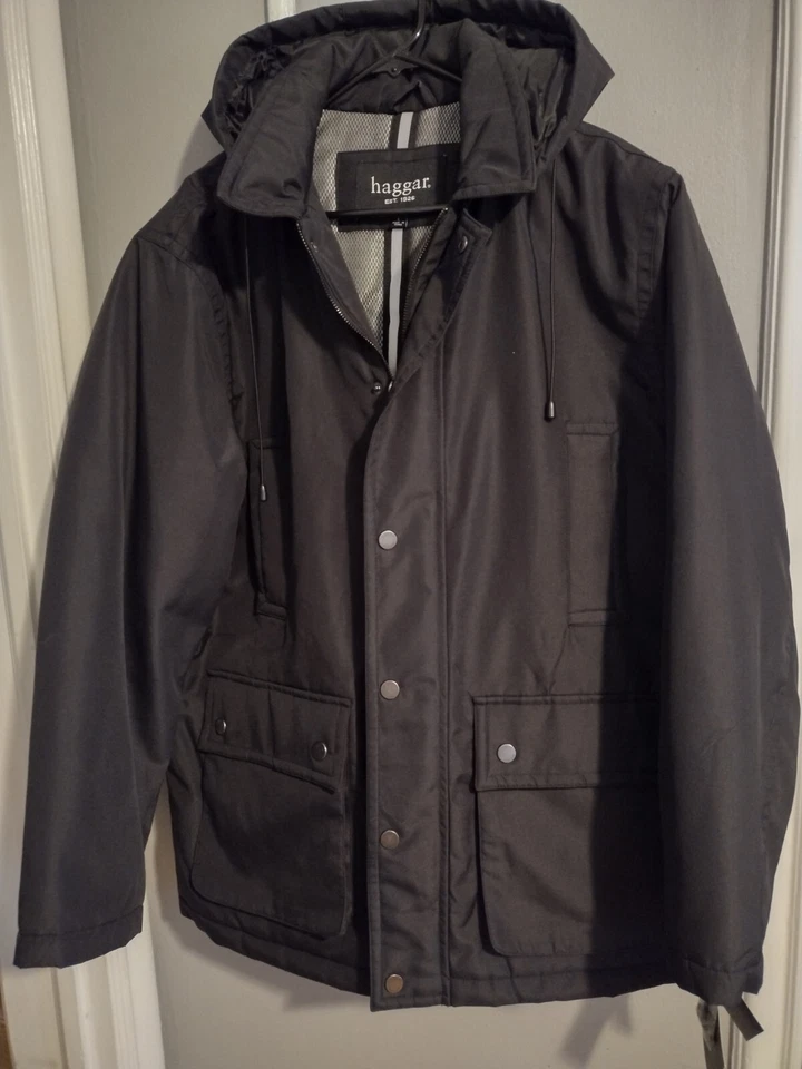 NWT Haggar Men's Black Hooded Full-Zip Down Parka Coat Jacket Size L  MSRP $195 - Image 1 of 4