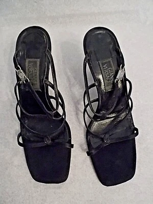 Gianni Versace black suede strappy heel, 36.5 , silver metal logo, made in Italy - Image 1 of 4