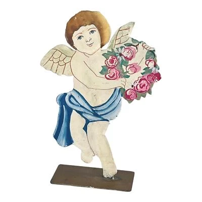JARRÓN BROTE de querubín pintado a mano de colección decoración 8" estatuilla de ángel de metal tubo de flores de vidrio Foto 1 de 4