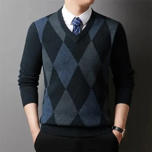 New Winter Warm Men's Plaid V-neck Long Sleeved Sweater Knitted Sweater Fashion - Picture 1 of 27