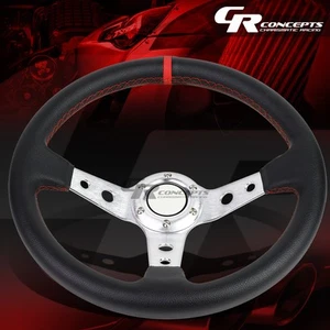 BLACK TRI-SPOKE PVC LEATHER 6-BOLT ALUMINUM RACING STEERING WHEEL SILVER TRIM - Picture 1 of 5