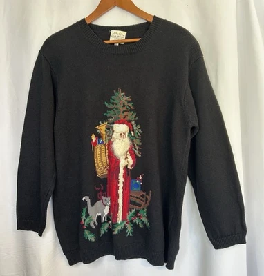 Suéter Vintage 1994 Susan Bristol XL Negro Papá Noel Gato Pullover Vacaciones de Navidad Foto 1 de 4