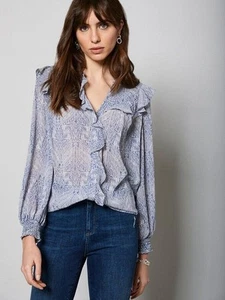 Mint Velvet Size L (14-16) Blue & Ivory Print Ruffle Blouse BNWOT - Picture 1 of 5