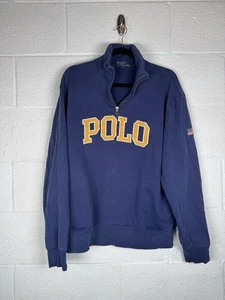 Y2K Polo Ralph Lauren 1/4 Zip Sweatshirt Navy Gold Spellout Flag Patch Herren L - Bild 1 von 9