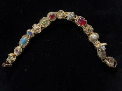 Vintage Unsigned Goldette Victorian Revival Slider Bracelet 15 Charms! - Image 1 of 4