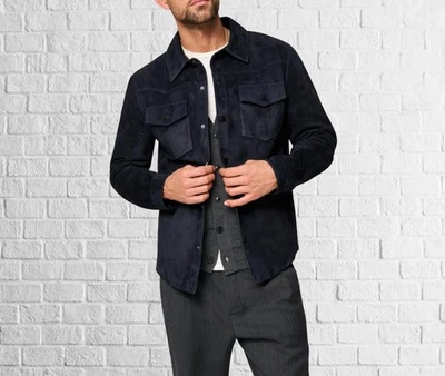 Men’s Slim Fit Suede Leather Button Collared Jacket Handmade Casual Wear - Image 1 of 4