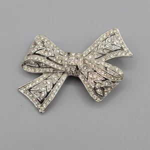 Vintage Kenneth Jay Lane Bow Brooch Pin Silver Tone Rhinestone Art Deco Style - Picture 1 of 8
