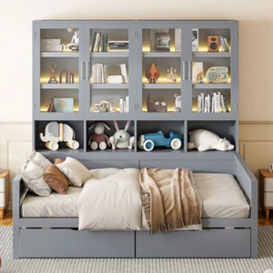 Full Size Wooden Daybed w Glass Door Storage Cabinets, LED Lighting & Shelves - Picture 1 of 22