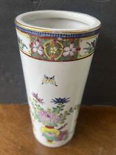 antique vintage chinese tall cylinder vase polychrome famille rose 10” tall