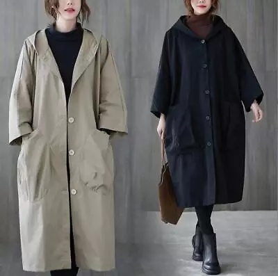 New Ladies Women Thin hooded long windbreaker Trench Hooded Coat Overcoat Jacket - Image 1 of 4