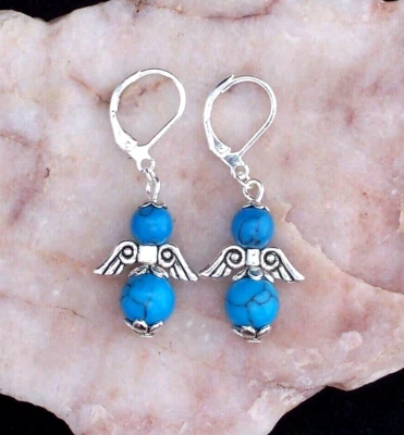 Turquoise Guardian Angel, 925 Silver Leverback Earrings. Handmade In Gift Bag Foto 1 de 4