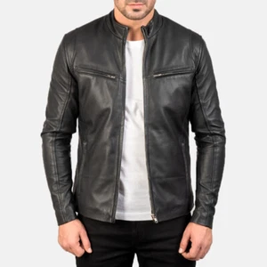 Chaqueta de cuero para hombres Chaqueta de motocicleta de cuero negro iónico de piel de cordero genuina - Imagen 1 de 9