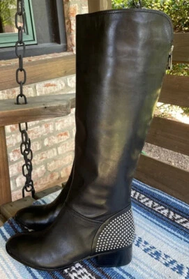 ✅ Ivanka Trump Silver Tone Studded Black Leather Tall Boots! sz 7M Ret: $249! - Image 1 of 4