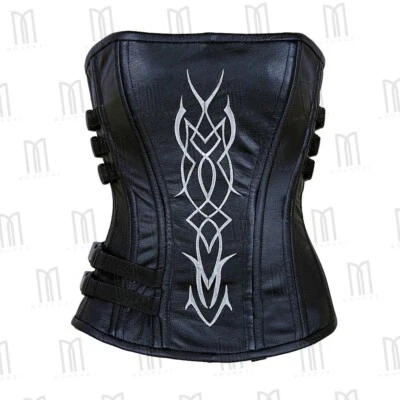 Blusa de lingerie de couro genuíno Overbust renascentista espartilho com bordado frontal. - Imagem 1 de 4