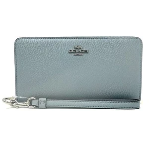 Cartera Coach Larga con Cremallera Alrededor en Cuero Azul Pálido Brillo CN393 Nueva Con Etiquetas - Imagen 1 de 8