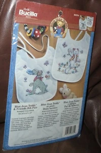 Plaid Bucilla Stamped Cross Stitch Kit 43374 Blue Jean Teddy Bib Pair - Picture 1 of 4