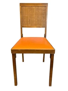 Vintage Wooden Folding Chair With Cane Back And Vinyl Orange Seat - Picture 1 of 10