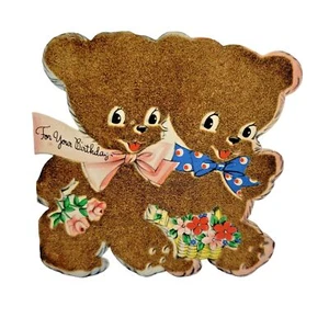 1943 Hallmark Hall Brothers Birthday Greeting Card Flocked Bears Used 4.5 x 4.5" - Picture 1 of 4