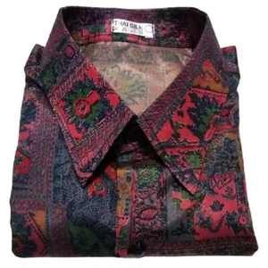 Men's Patterned Shirt Thai Silk Blend Burgundy Mix Prints Short Sleeve Casual XL - Picture 1 of 3