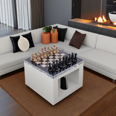 Fossil Coral & Black Handmade Marble Chess Set 38 cm(15 inch) board, Gift, Decor