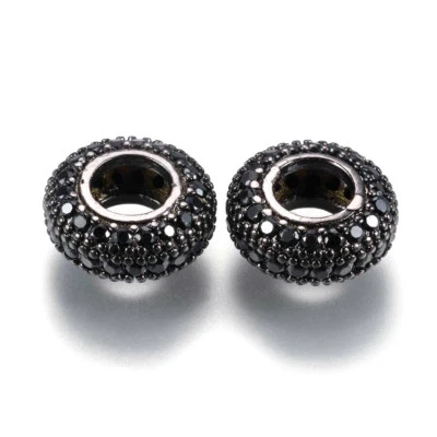 5x Brass Pave Cubic Zirconia European Beads Rondelle Large Hole Charm Black 11mm - Image 1 of 2