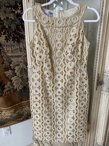 KAY UNGER Beige Gold Embroidered Eyelet Pencil Cotton/linen Sleeveless Dress 6 - Picture 1 of 4