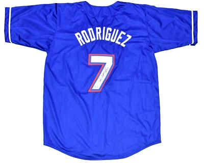 IVAN PUDGE RODRIGUEZ AUTOGRAPHED TEXAS RANGERS #7 BLUE JERSEY W/ HOF 17 - Image 1 of 2