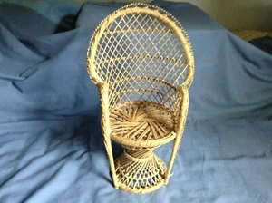 Vintage Wicker Peacock Fan Back Rattan Chair 16” Doll Plant Stand Boho Decor - Picture 1 of 11