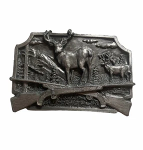 VTG 1982 Siskiyou Buckle Co Deer Bucks Double Crossed Rifle Belt Buckle - Picture 1 of 4