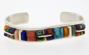 Multi-Color Raised Cobblestone Inlay Bracelet By Navajo Artist Kenneth Bitsie - Picture 1 of 5