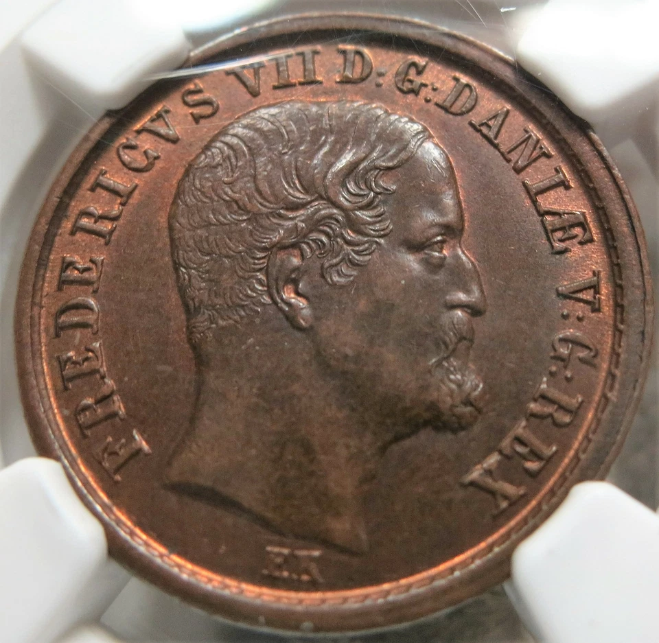 DENMARK 1 Rigsbank Skilling R.B.S. 1853 NGC MS 63 BN UNC Mint Red Bronze Sword - Image 1 of 3