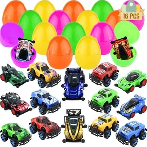 DINESIL 16 PCS Filled Easter Eggs with Toy Cars, Bright Colorful Eggs... - Picture 1 of 7