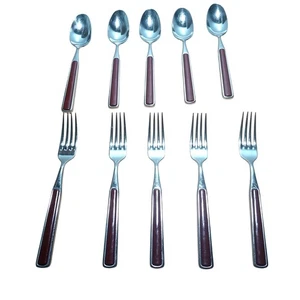  Vintage Flatwear SEED of FRANCE Lot of 5 Forks & 5 Spoons Burgundy & Stainless - Picture 1 of 5