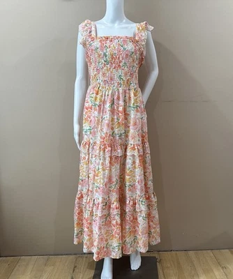 Haute Hippie Peach Floral Smocked Eyelet MAXI DRESS Peasant Tiered Women 12 NWT - Image 1 of 4