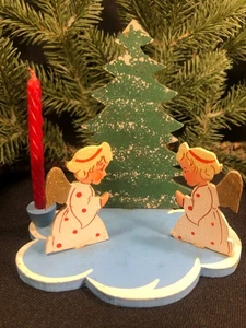 Vintage Kerzenhalter Weihnachten~Engel & verschneiter Baum~Holz~handbemalt~ Germany - Bild 1 von 11