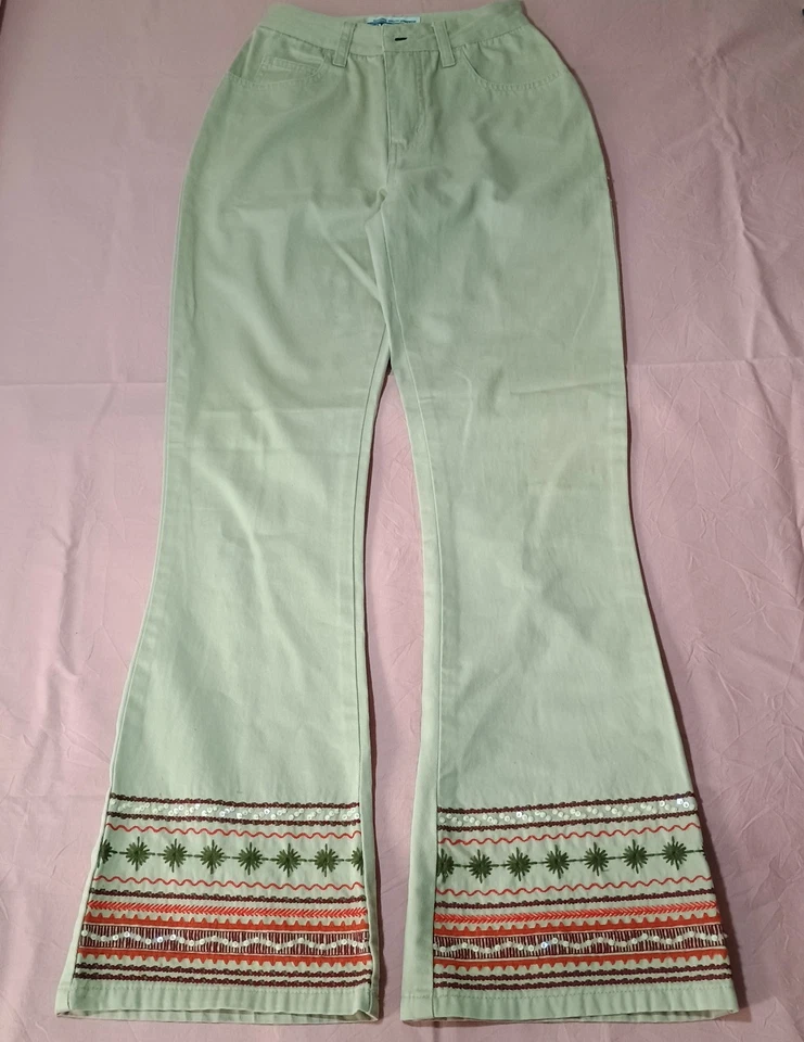 Limited Too Girl 14 Fun Flared Pants Beige 5-Pocket Beads Embroidery Embellished - Image 1 of 4
