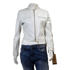 Feminin Touch Women's White Distressed Leather Slim Fit Bomber Biker Jacket - Picture 1 of 6