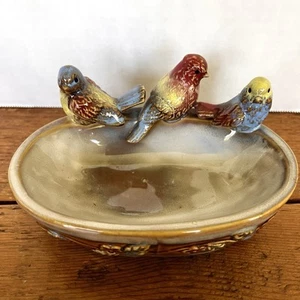 Glazed Pottery Dish with Three Birds Sitting On The Edge - Picture 1 of 9