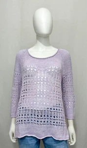J Jill Womens Sweater L Linen Blend Lavender 3/4 Sleeve Side Slits Crew Neck - Picture 1 of 10