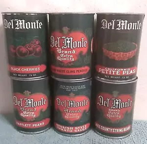 Vintage Lot of 6 Del Monte Tin Can Coin Banks Cherries Pears Peaches Beans Peas - Picture 1 of 9
