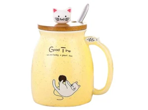 Cute Cat Cup Coffee Mug with Cute Cat Lid Lovely Stainless Steel Spoon Gift - Picture 1 of 9