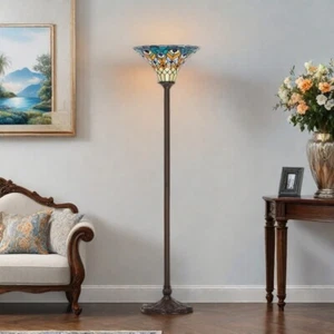 Vintage Tiffany Floor Lamp w/ Peacock Feather Glass Shade & Adjustable Gooseneck - Picture 1 of 6