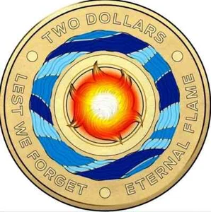 2018 RAM Anzac Day Lest We Forget Eternal Flame $2.00 Coloured Coin. Unc. - Picture 1 of 2