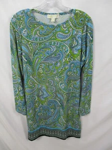 Michael Kors Womens Dress Medium Green Paisley Long Sleeve Round Neck Blue Short - Picture 1 of 10