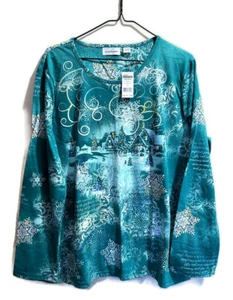 i.b.diffusion Weihnachten T-Shirt Damen Aqua Nieten Snow Village Größe XXL - Neu mit Etikett - Bild 1 von 6
