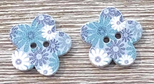 2 Blue Floral Sewing Buttons Crafting Wood 2 Hole 3/4"  - Picture 1 of 2