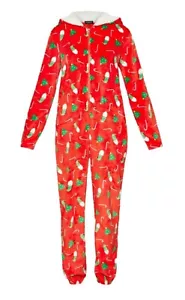 Damen Jumpsuit Weihnachtlich Fleece Overall mit Kapuze Onesie Einteiler Gr 42 44 - Bild 1 von 4