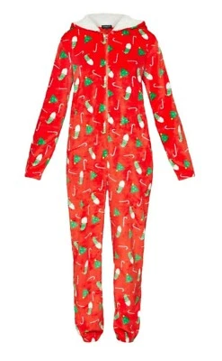 Damen Jumpsuit Weihnachtlich Fleece Overall mit Kapuze Onesie Einteiler Gr 42 44 - Bild 1 von 4