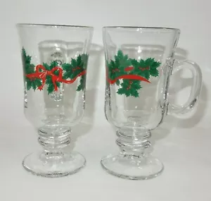 Juego de 2 tazas vintage Libbey Holly and Red Ribbon café irlandés ponche de huevo con borde dorado - Imagen 1 de 6