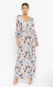 Blumen Maxikleid 3/4 Rüschenärmel Damen Medium Faux Wickeloptik dehnbar blau rosa - Bild 1 von 11